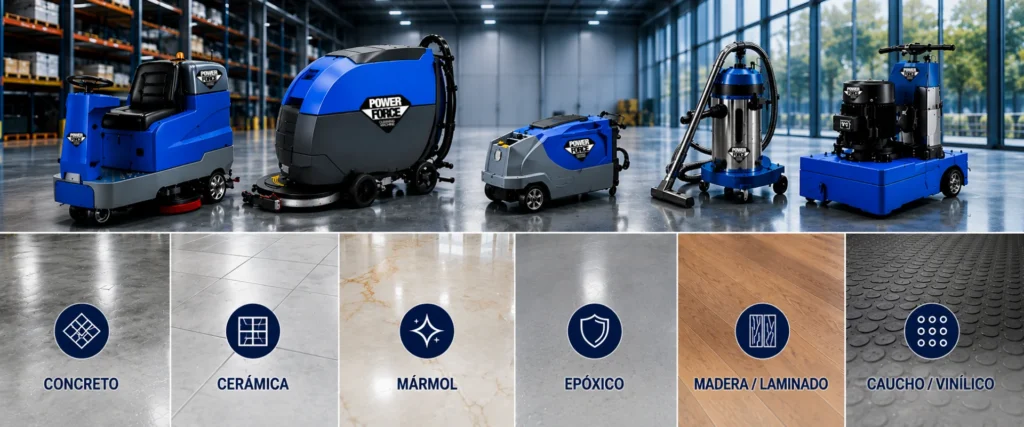 Fregadoras industriales Power Force para concreto, cerámica, mármol, pisos epóxicos, madera laminada y vinílico.