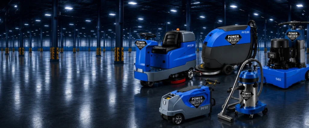 Maquinaria industrial Power Force con fregadoras, aspiradoras y pulidoras para limpieza profesional de grandes superficies.
